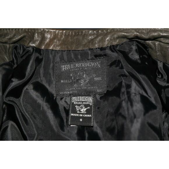 TRUE RELIGION Womens Brown Green Leather Biker Jacket Size S - Picture 4 of 12